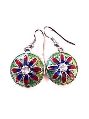 Handmade Millefiori Glass Dangle Earrings with Floral Motif